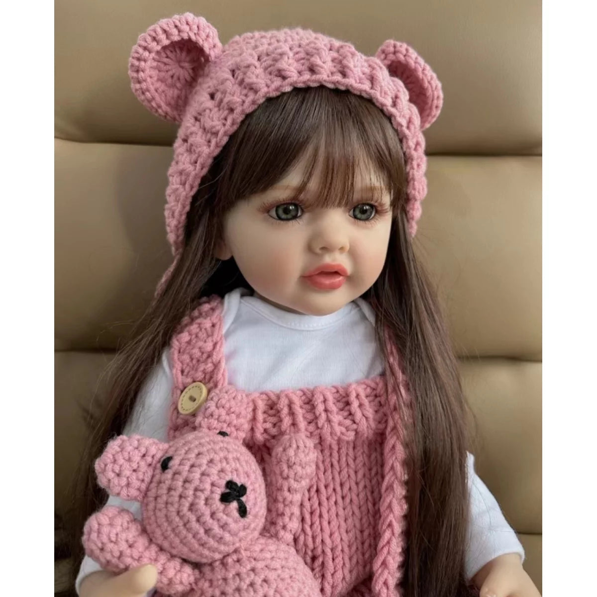22 inch Soft Silicone Vinyl Reborn Baby Doll in Pink Knitted Clothes with Bear Toy A4534