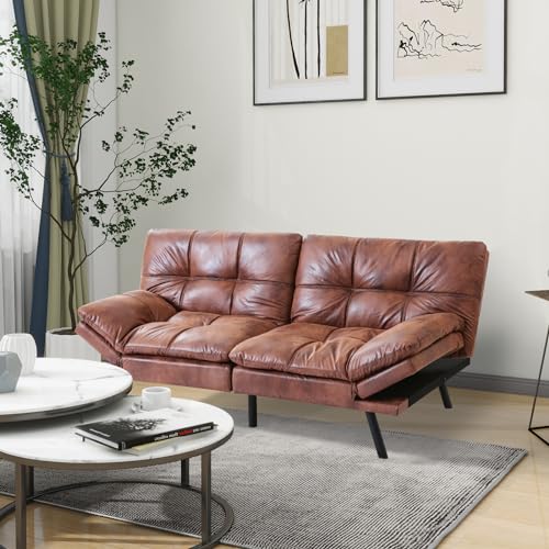 Faux Leather Futon Bed, Convertible Memory Foam Sofa Bed, 71" Sofas, Matte Black J492132