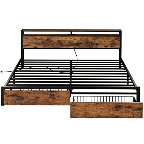 King Bed Frame with Storage Headboard, Platform Bed with Drawers and Charging Station, Vintage Brown Q76293