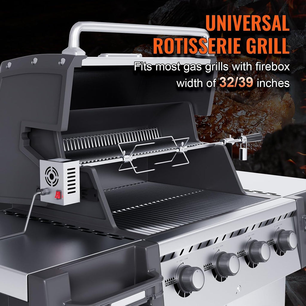 Heavy Duty Stainless Steel Grill Rotisserie Kit with 9W Motor - 32-Inch Hexagon Spit Rod - 26 Lbs Capacity O5158
