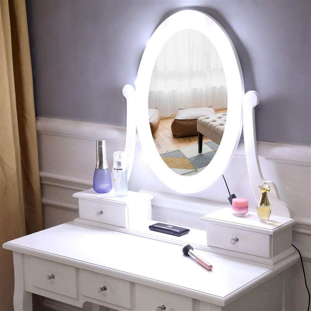 White Lighted Makeup Vanity Set with 10 Light Bulbs and 5 Sliding Drawers O2060
