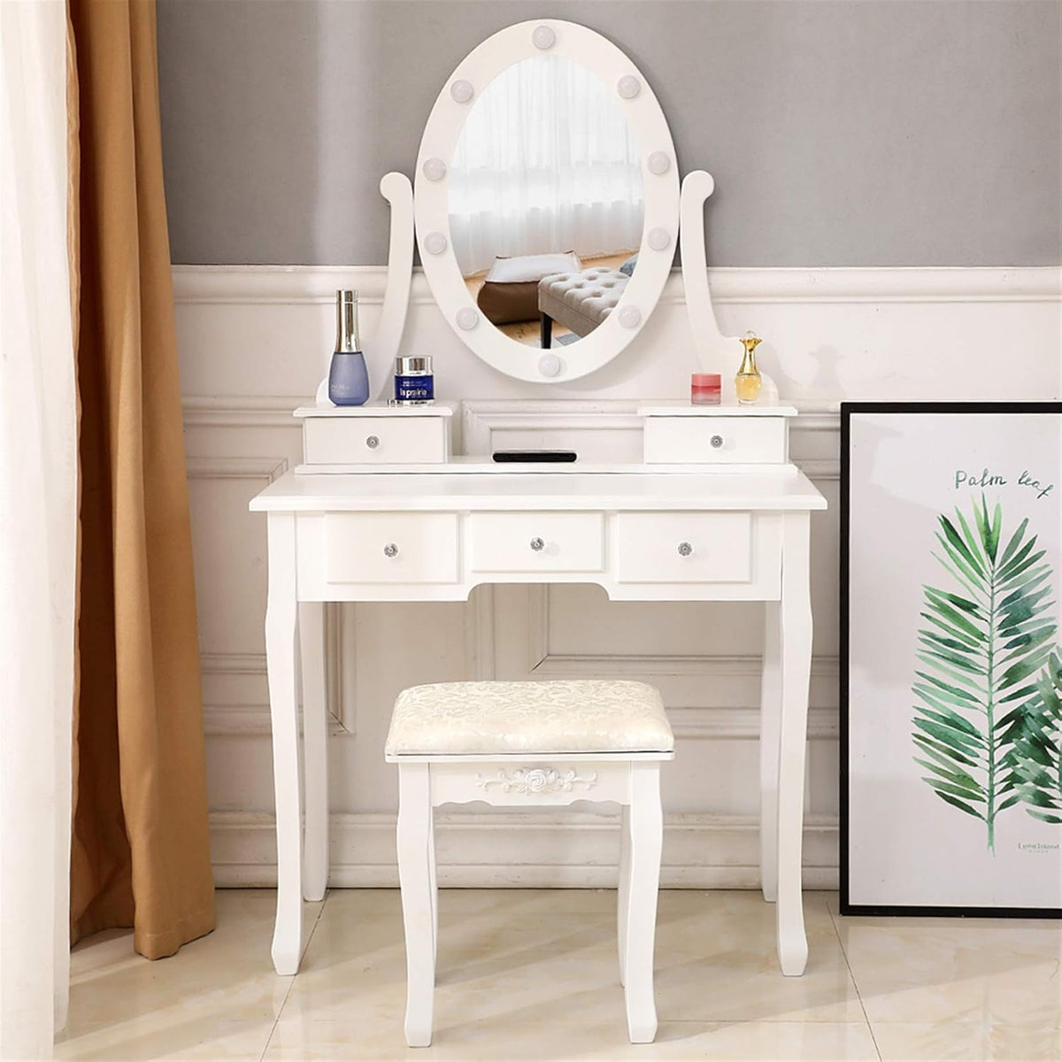 White Lighted Makeup Vanity Set with 10 Light Bulbs and 5 Sliding Drawers O2060