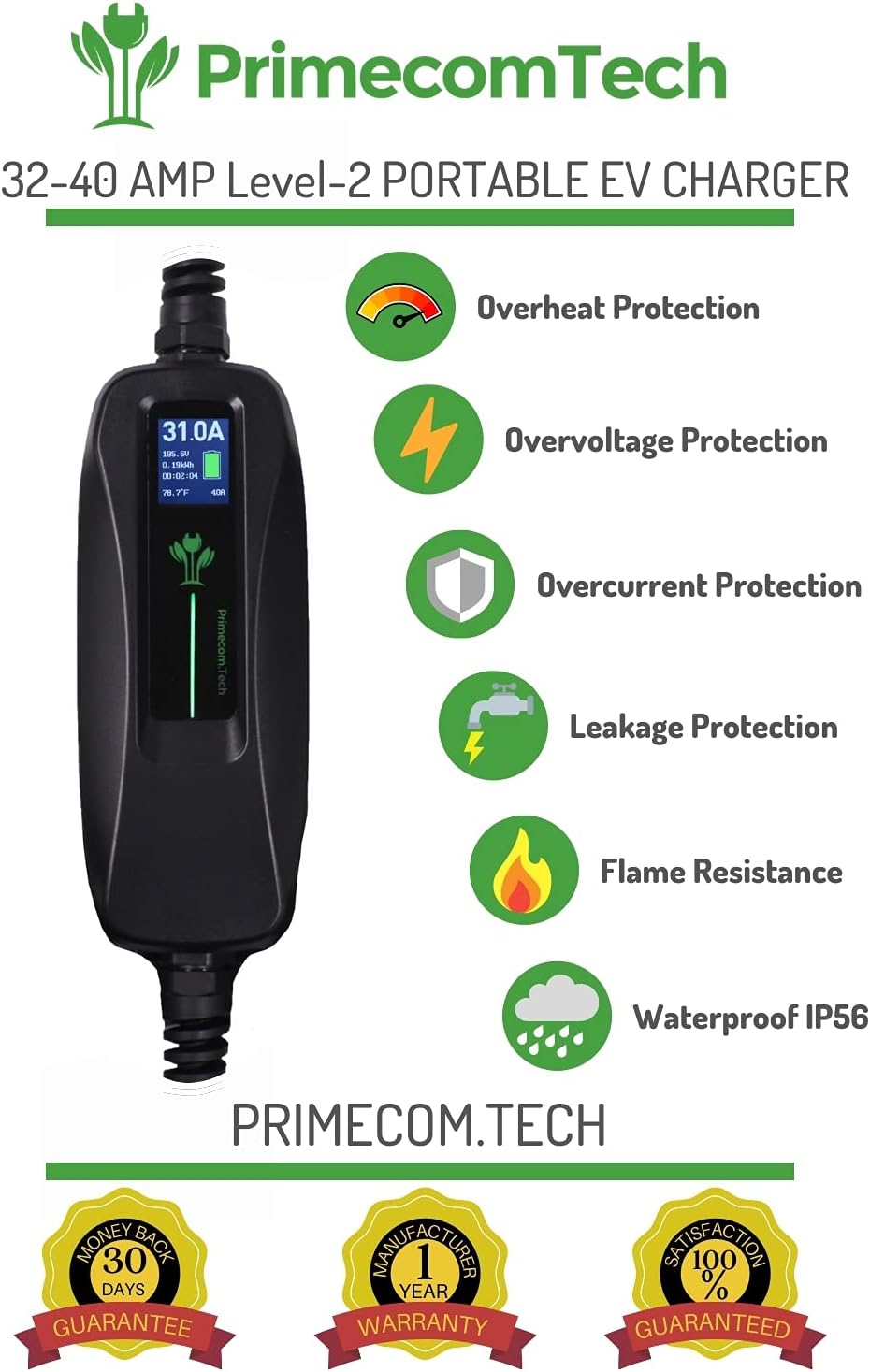 30 Feet Level 2 Electric Vehicle Charger 40 Amp Z664