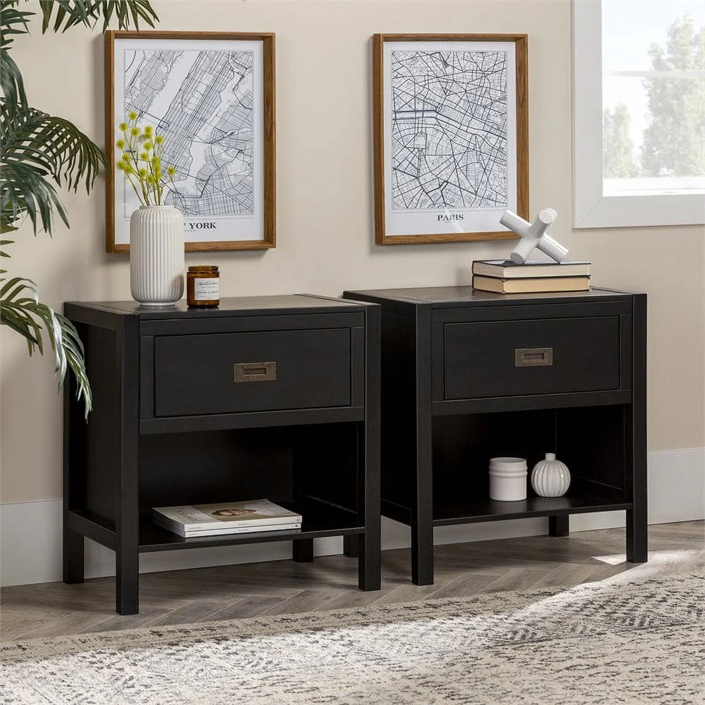 2-Piece 1-Drawer Solid Wood Nightstand Set in Black D80069