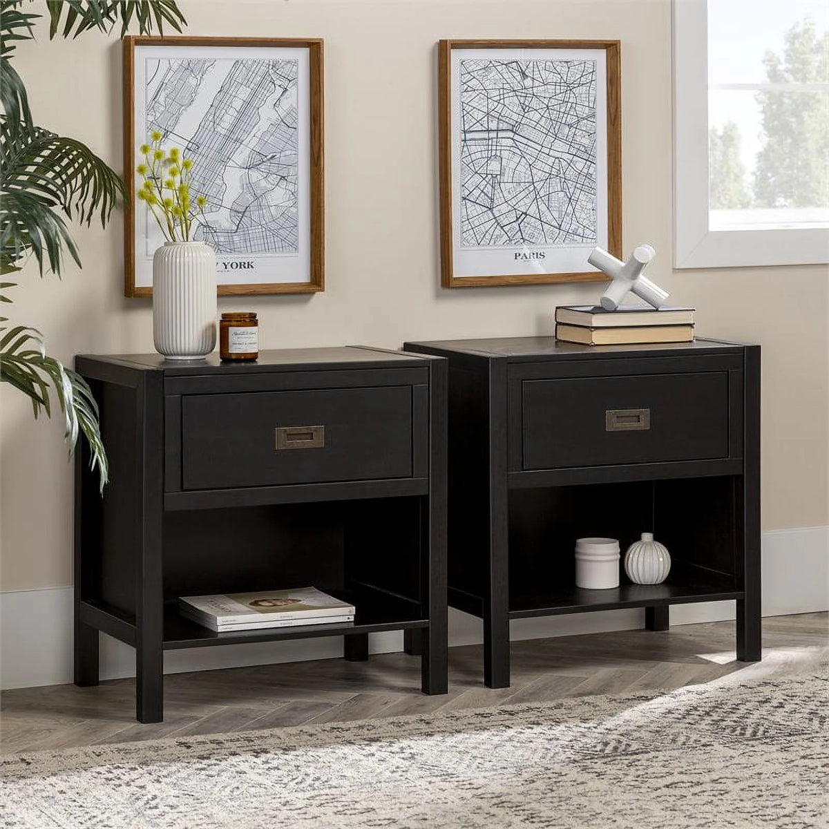 2-Piece 1-Drawer Solid Wood Nightstand Set in Black D80069