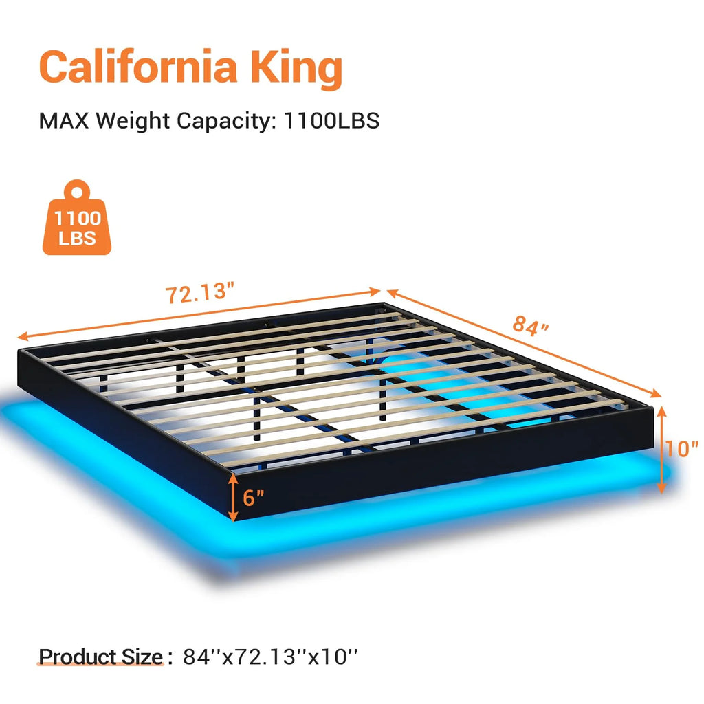 California King Floating LED Faux Leather Upholstered Platform Bed Frame A5324