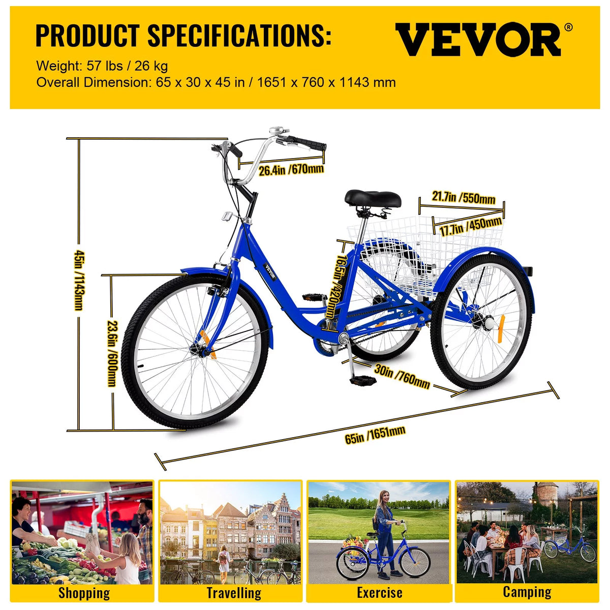 24" Single Speed Three Wheel Bike with Basket Blue P958942
