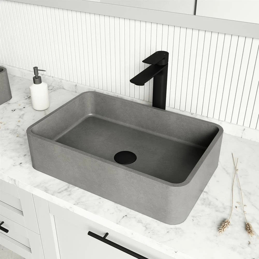 Rectangular Bathroom Vessel Sink in Gray with Faucet and Pop-Up Drain in Matte Black G6307