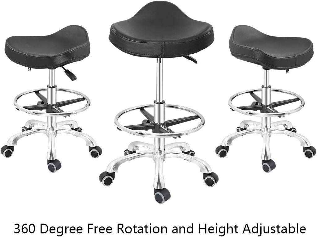 Height Adjustable Rolling Swivel Stool Chair with Ergonomic Seat and Footrest Metal Base (Black, with Caster) X5582