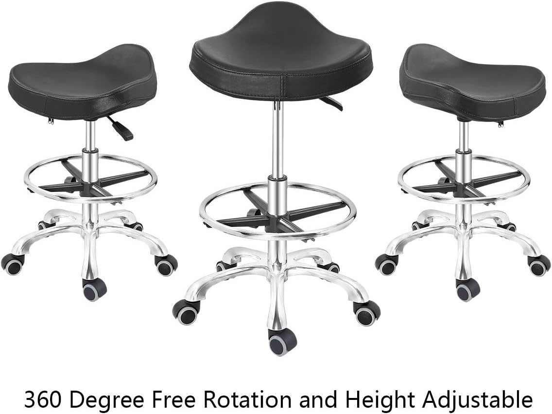Height Adjustable Rolling Swivel Stool Chair with Ergonomic Seat and Footrest Metal Base (Black, with Caster) X5582