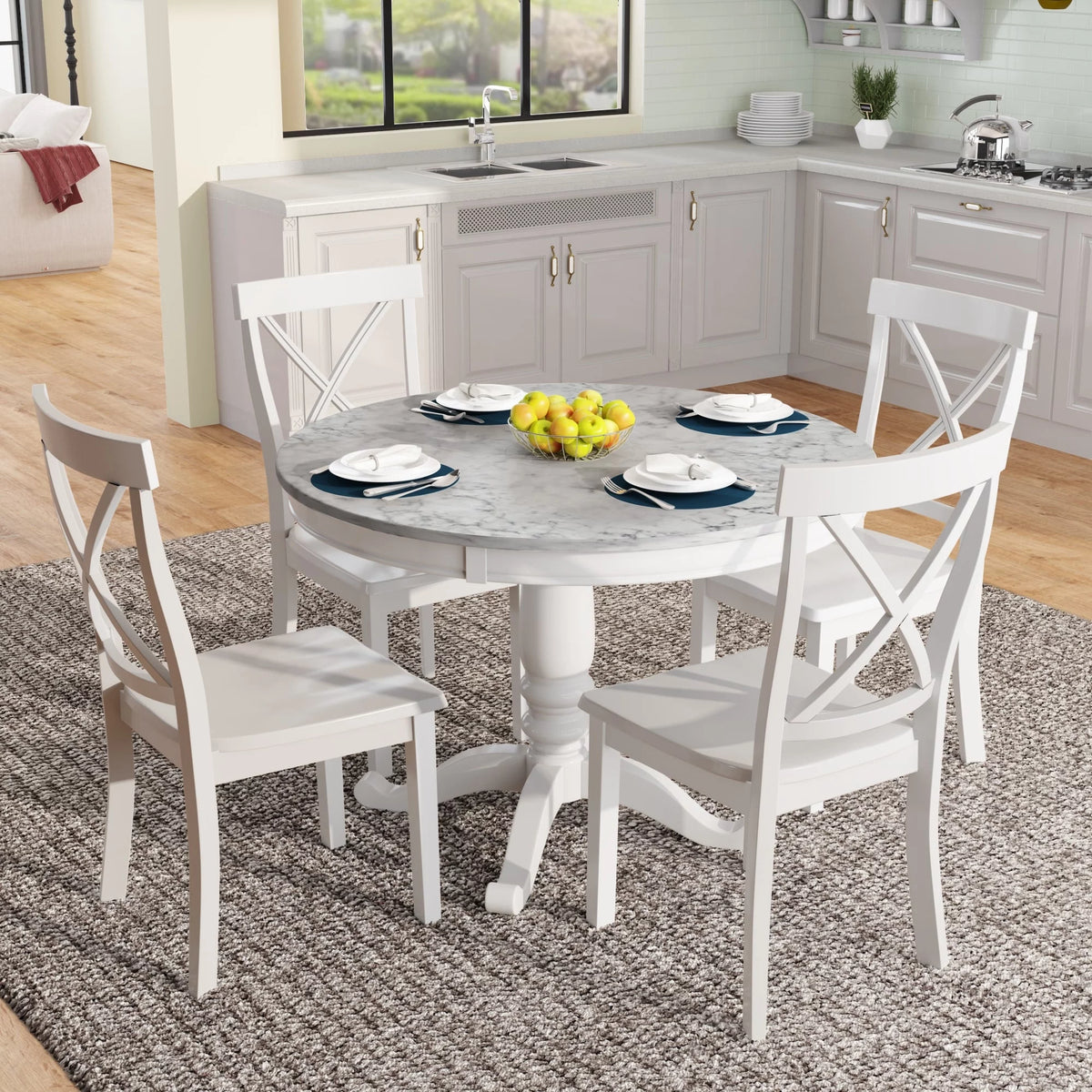 Solid Wood Dining Table Set with Faux Marble Top and 4 Chairs I7005