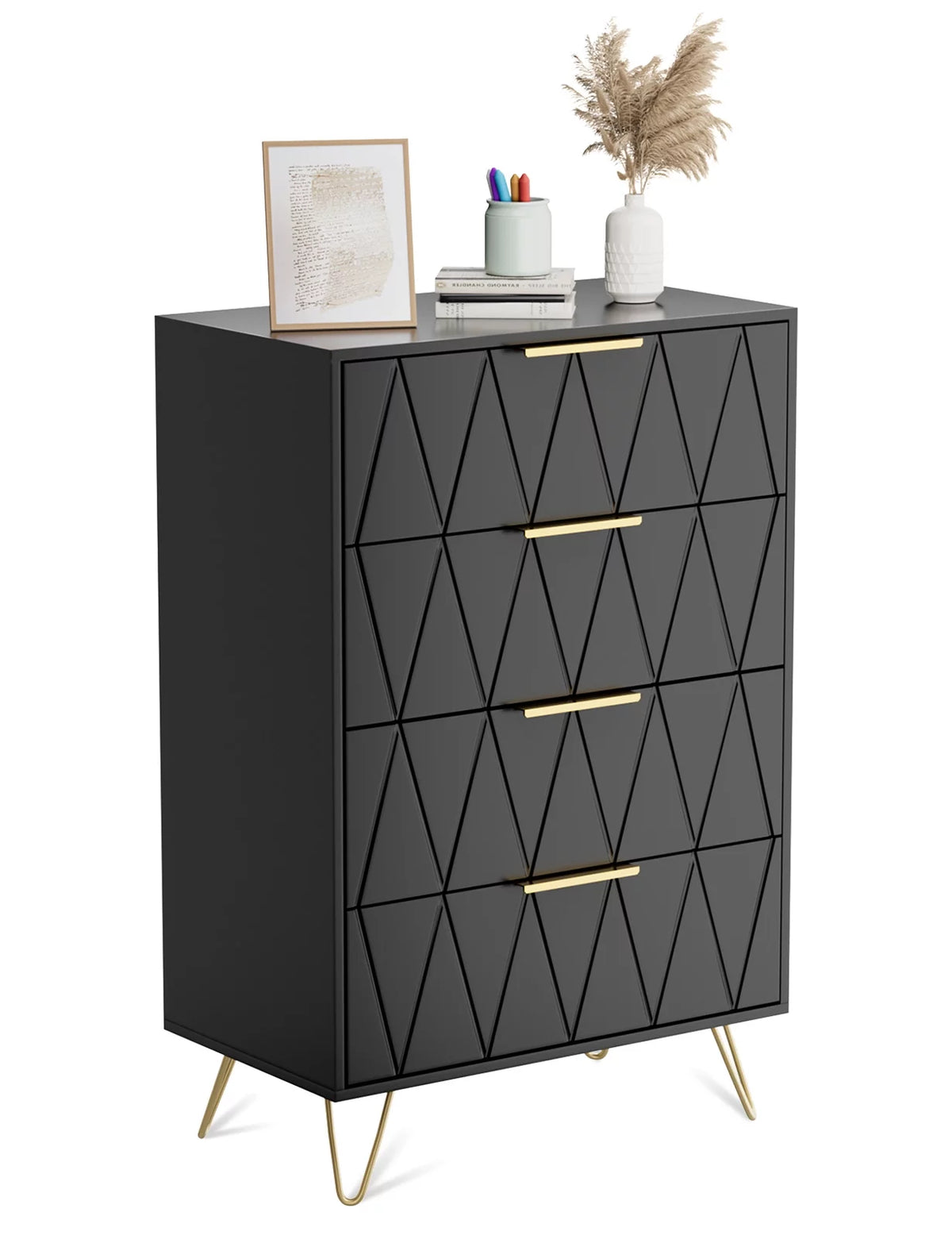 Black 4 Drawer Wood Dresser with Metal Handles E627