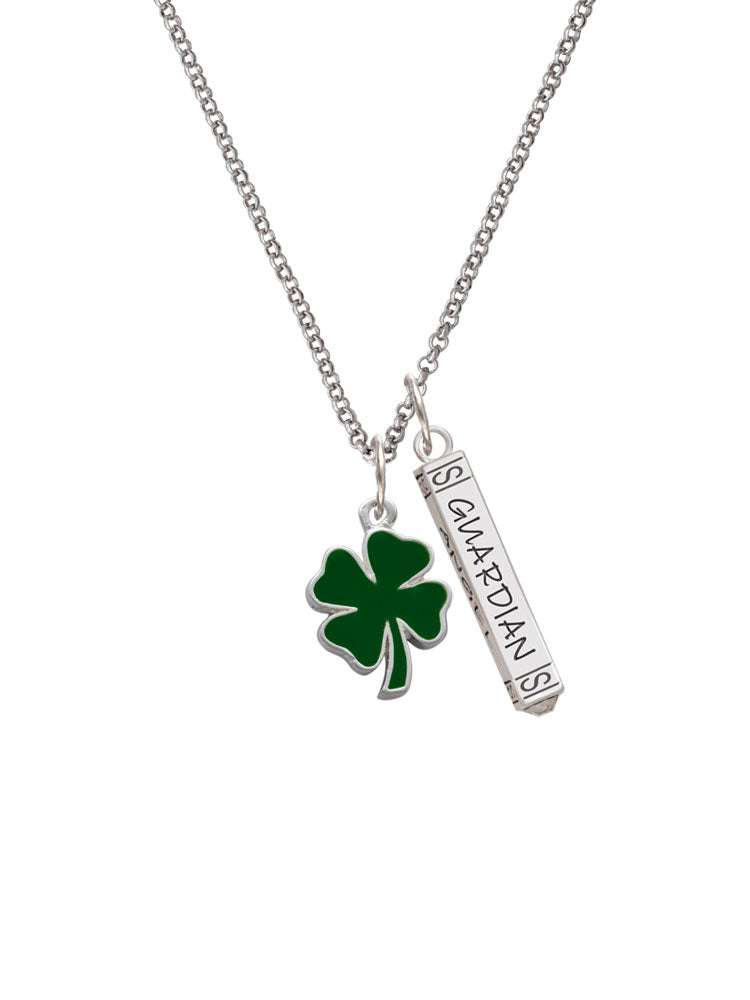 Silvertone Two Sided Green Enamel Four Leaf Clover Guardian Angel Bar Charm Necklace, 23" X6183