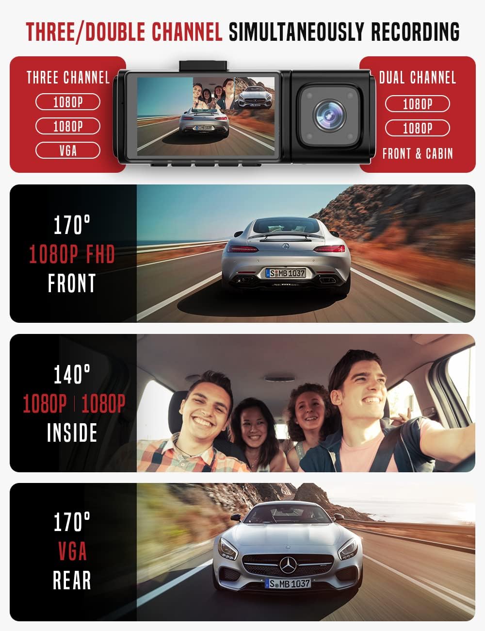 3 Channel Full HD 1080P Dash Camera with IR Night Vision, 2.45 Inch IPS Screen, Pack of 2 O79782