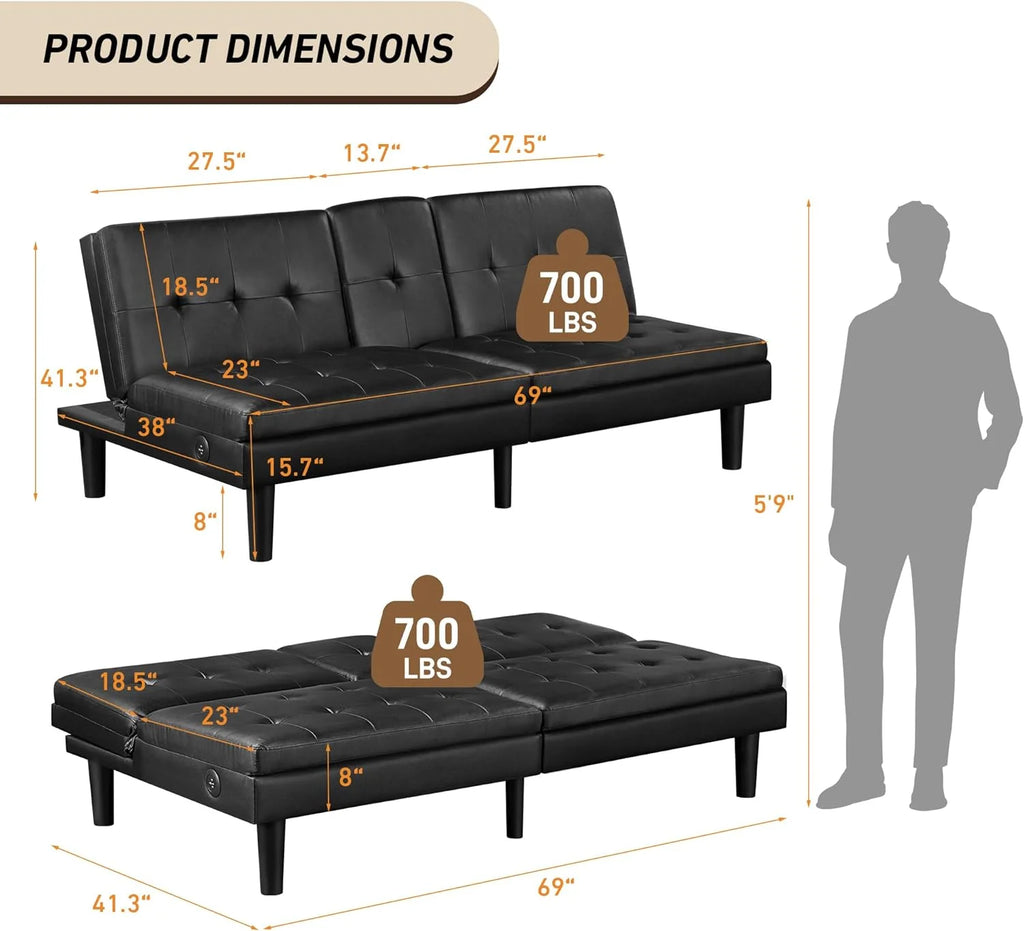 Faux Leather Futon Convertible Sofa Bed with USB & 2 Cupholders Y81017