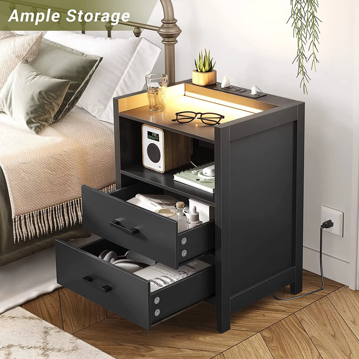 Black 2 Drawer Nightstand with LED Lights and Charging Station V627