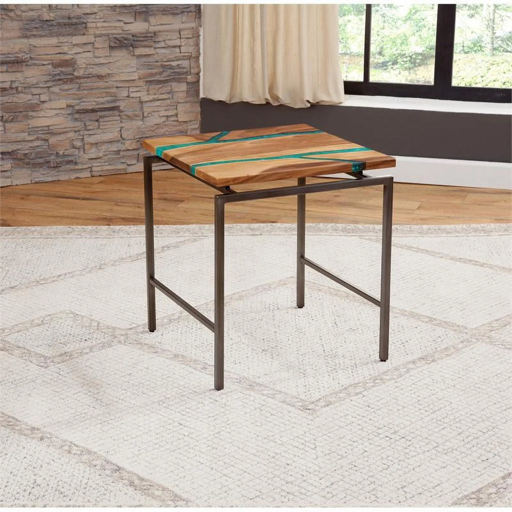 Natural Wood and Emerald Green Inlay End Table F4341