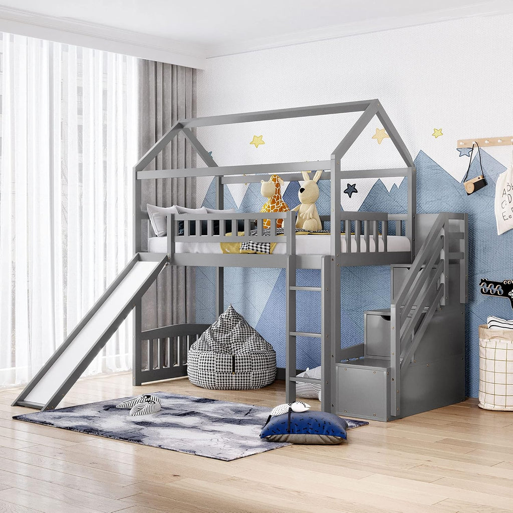 Twin Loft House Bed with 2 Drawers Staircase, Slide and Ladder J4423