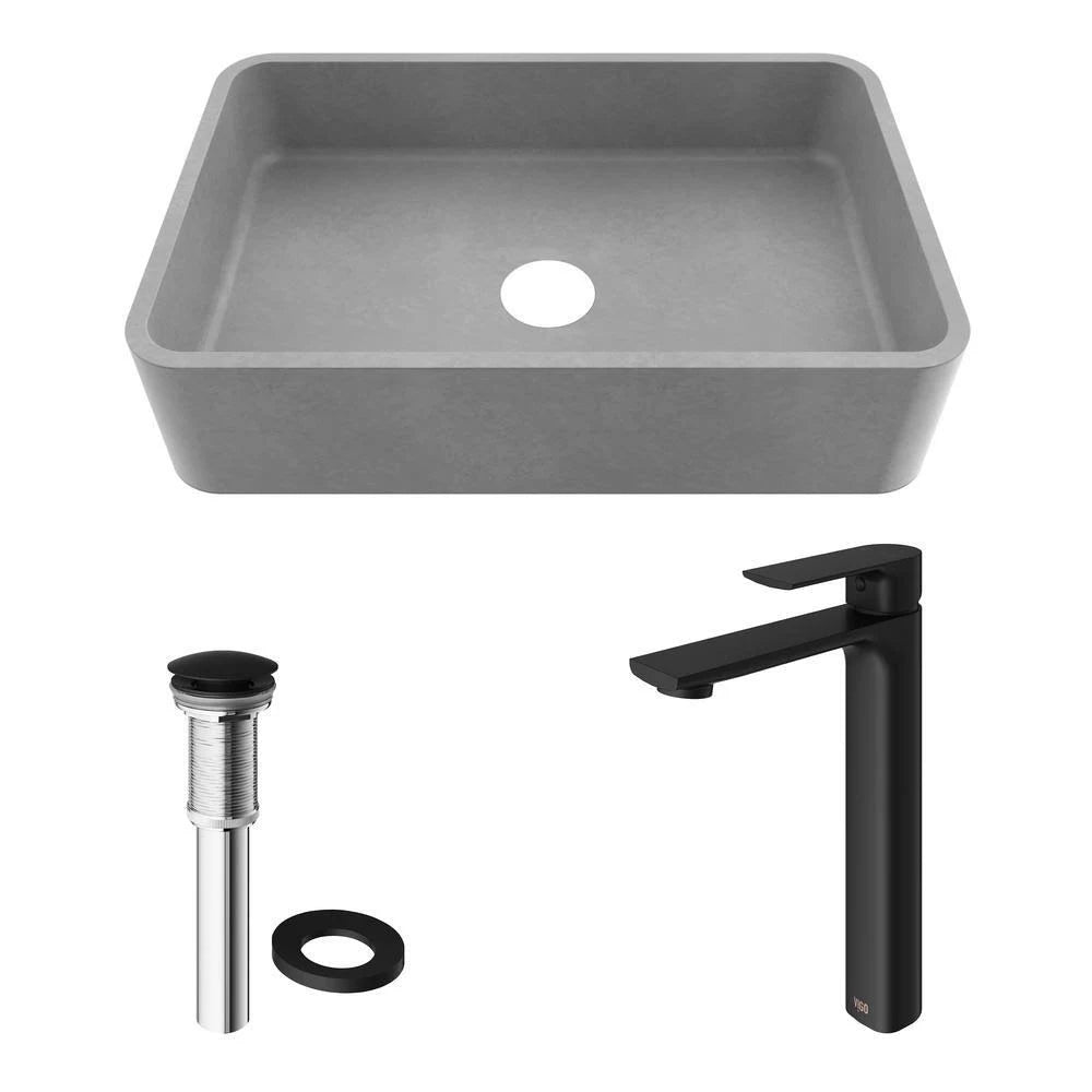 Rectangular Bathroom Vessel Sink in Gray with Faucet and Pop-Up Drain in Matte Black G6307