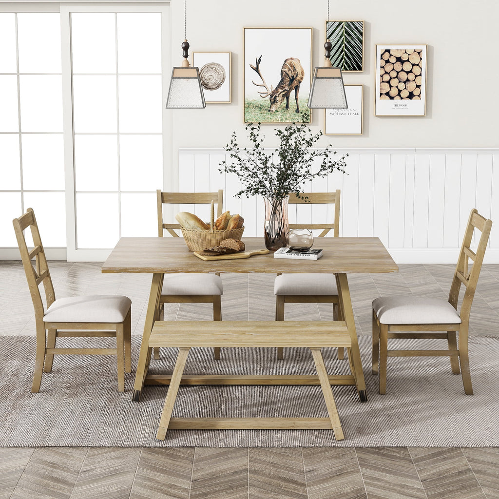 Farmhouse Wood Rectangular Dining Table with Cross Legs, 4 Upholstered Chairs and Bench D67586