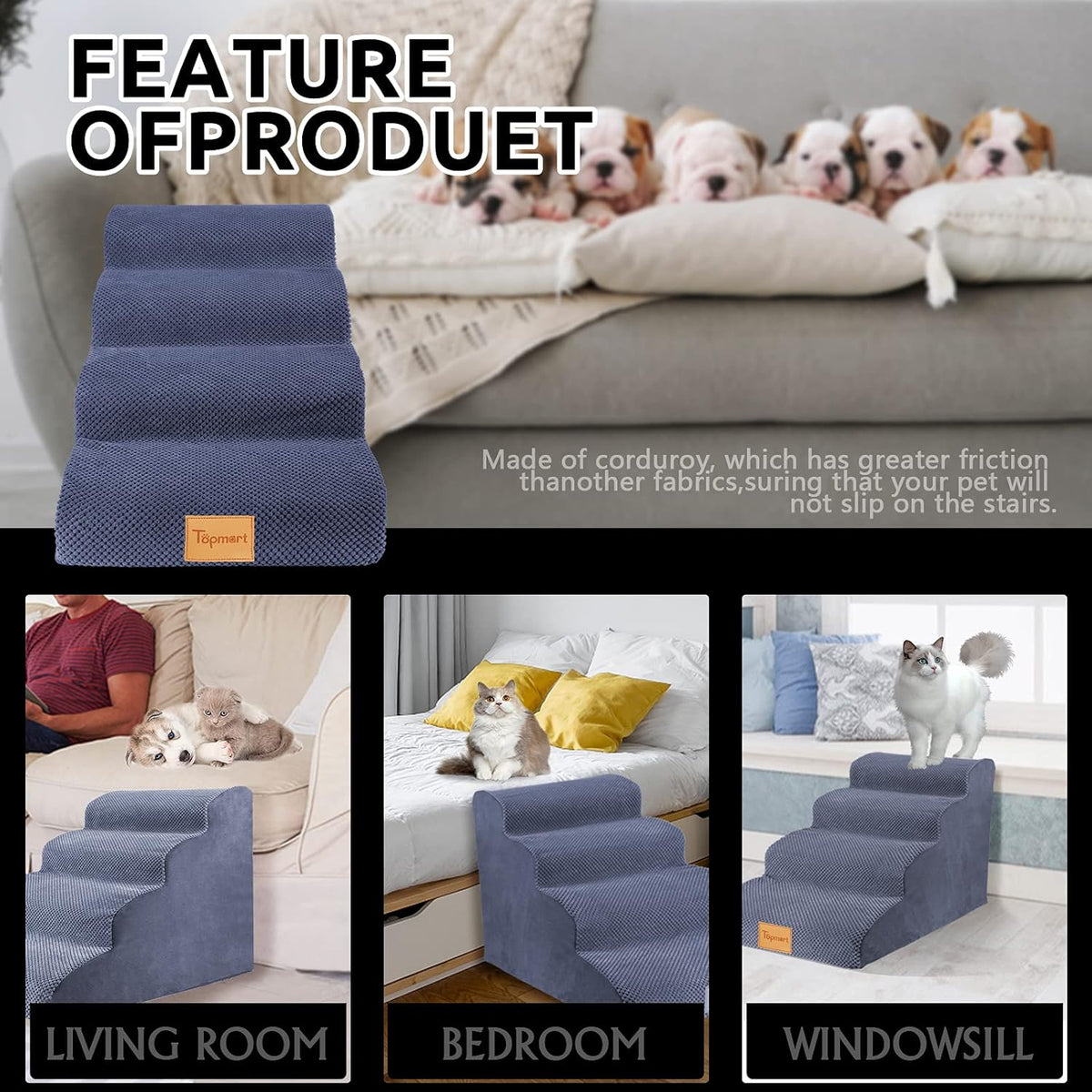 High Density Foam Dog Steps 4 Tiers, Non-Slip Pet Stairs P50334
