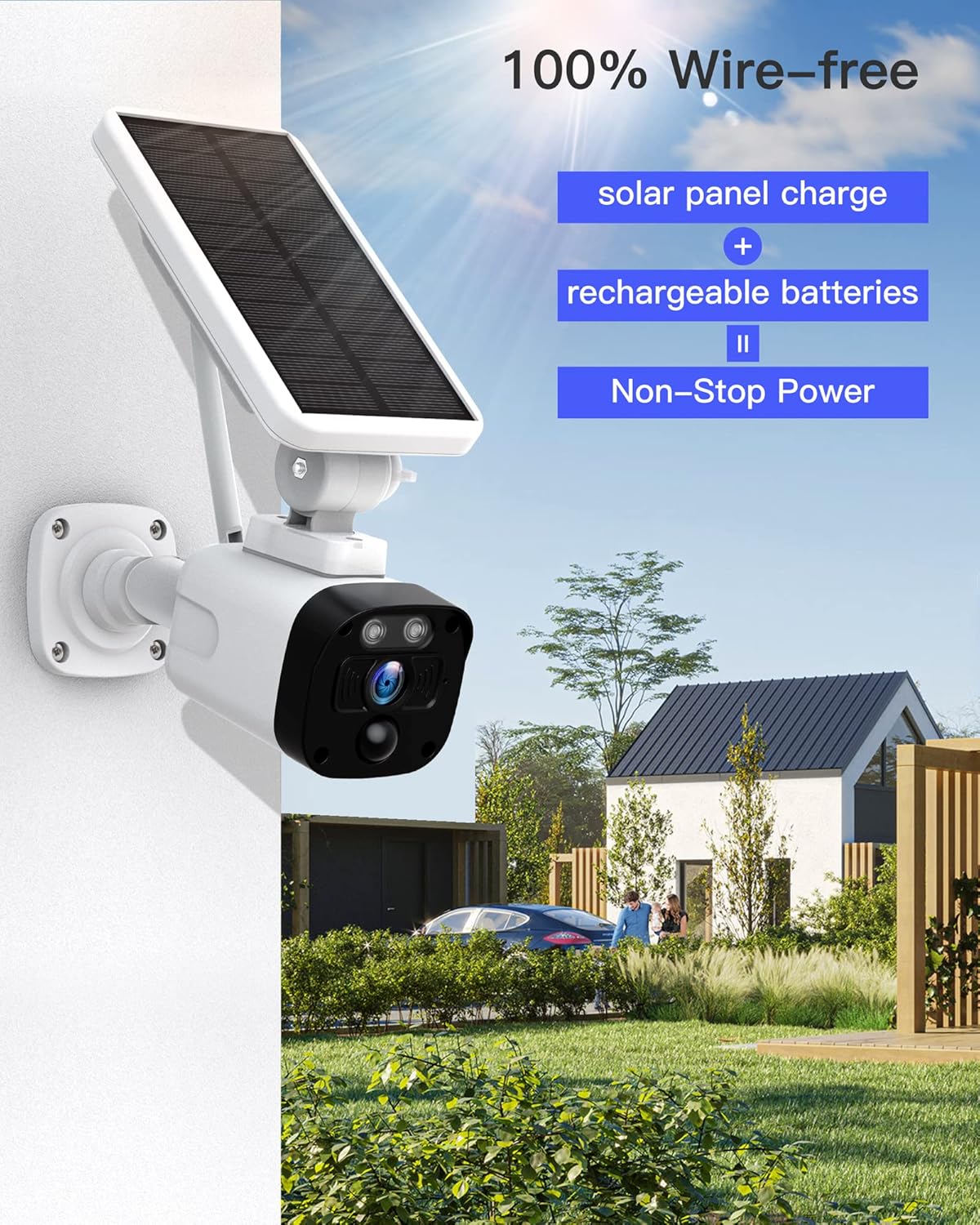 Solar Security Camera System, 4 Cameras, Solar Powered with Base Station, 2-Way Audio, Night Vision, IP65 Waterproof I823