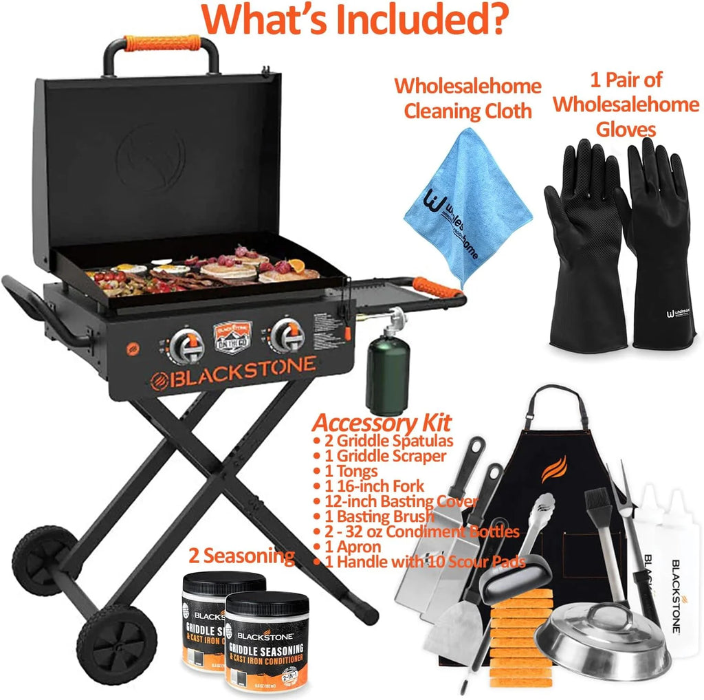 22 inch Blackstone Griddle with Hood and Grill Stand, Foldable Outdoor Flat Top Grill Propane Portable Gas Grill, BBQ Grill with Blackstone Accessories, Seasoning, and Wholesalehome Gloves & Cloth L724667