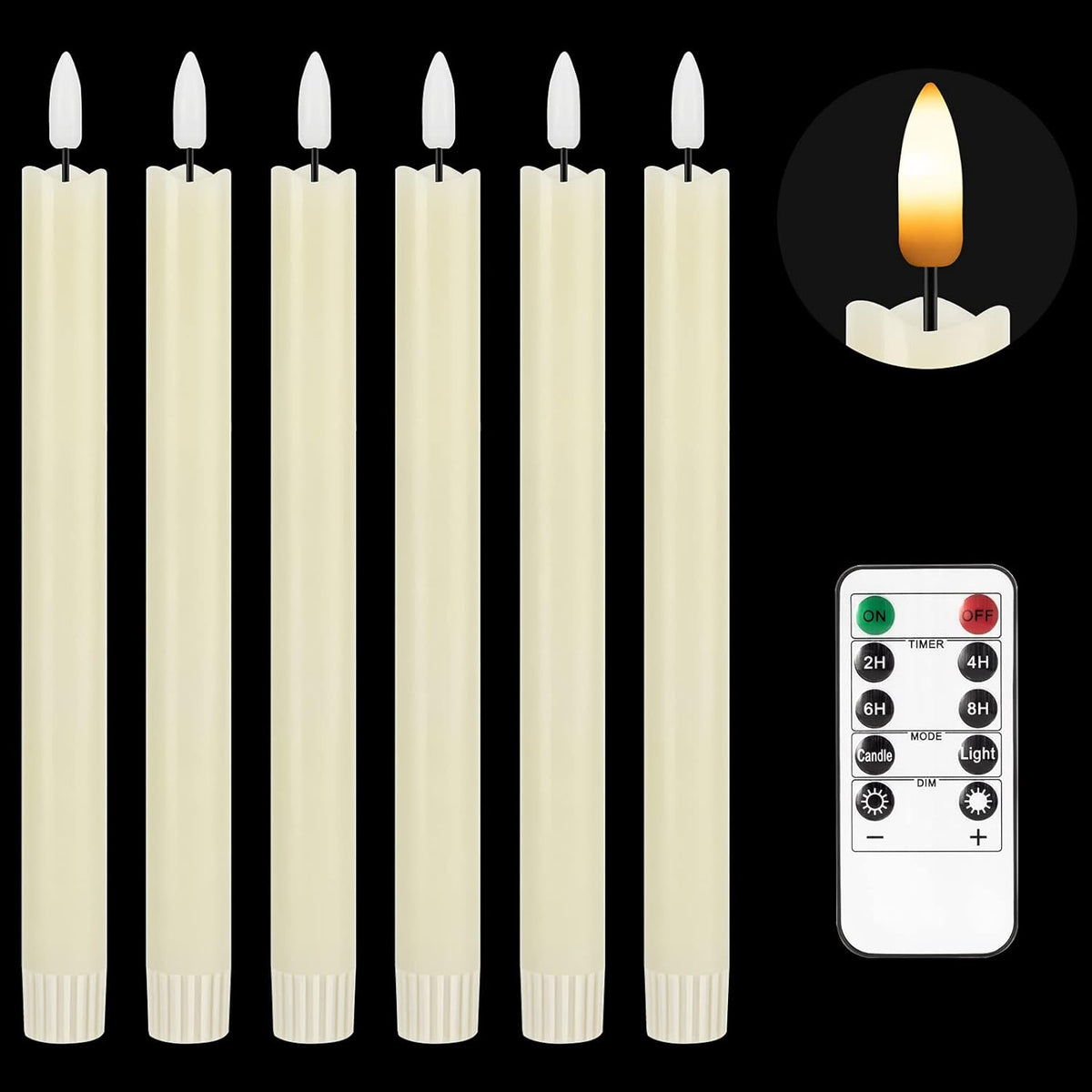 Ivory 3D Wick Flameless LED Taper Candles, Real Wax, Pack of 6 K7022