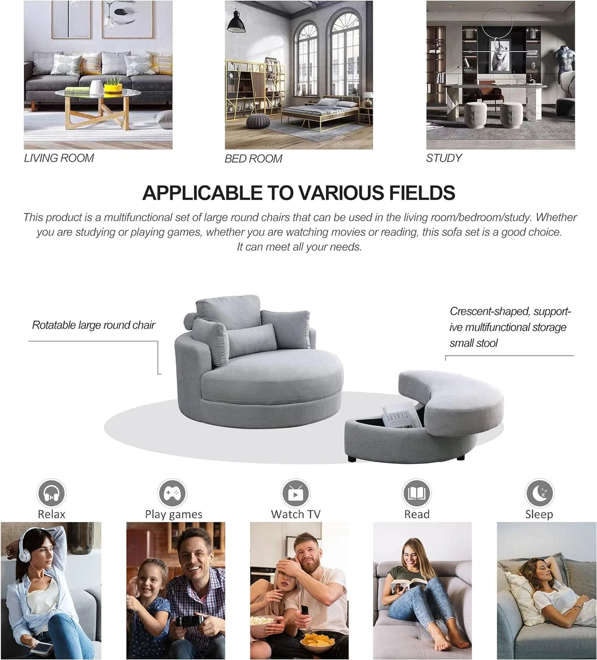 Light Gray Linen Fabric Swivel Chair with Ottoman and 4 Pillows M737899