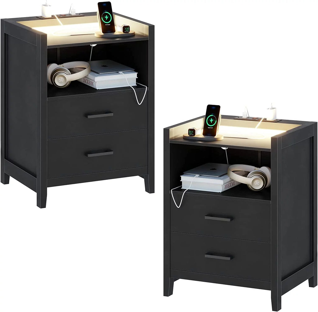 Black 2 Drawer Nightstand with LED Lights and Charging Station V627