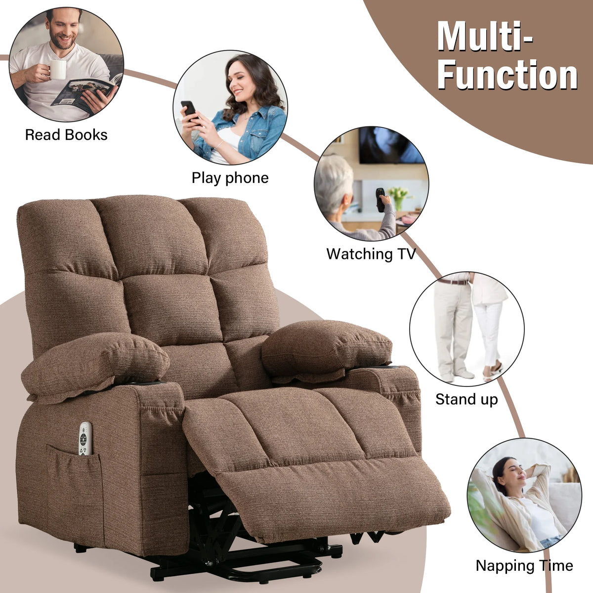 Brown Power Lift Recliner Chair with Massage and Heating H963