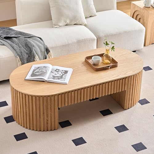 Oval Fluted Coffee Table with Storage Drawer Oak D13140