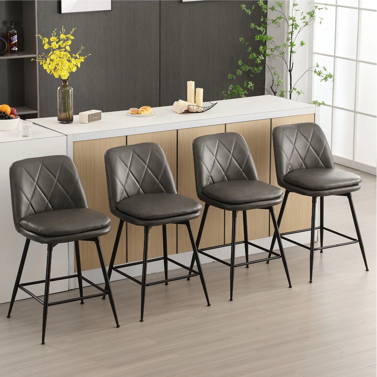 26" Swivel Counter Height Faux Leather Bar Stools Set of 4 Gray S7981