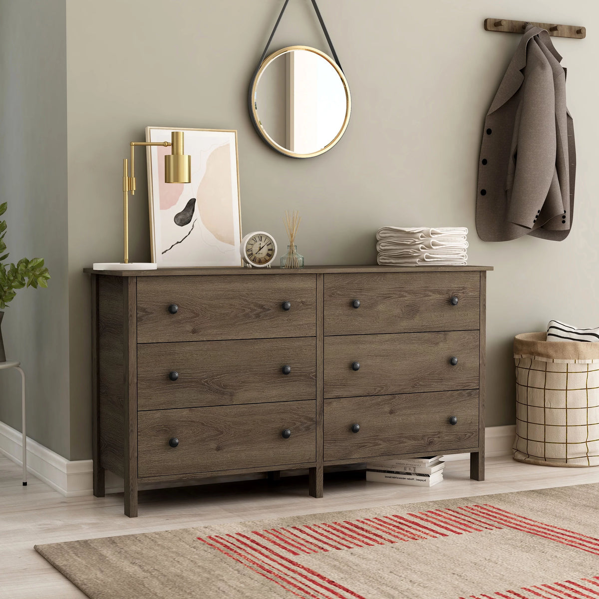 Distressed Walnut 6-Drawer Wood Dresser R376