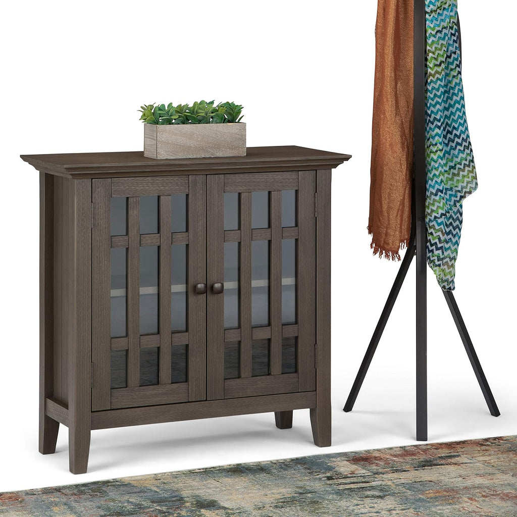Solid Wood 32 inch Wide Low Storage Media Cabinet in Natural Aged Brown with 2 Tempered Glass Doors and 2 Adjustable Shelves B441037