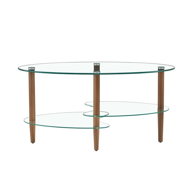 Oval 3-Tier Glass Coffee Table with Wood Leg E824