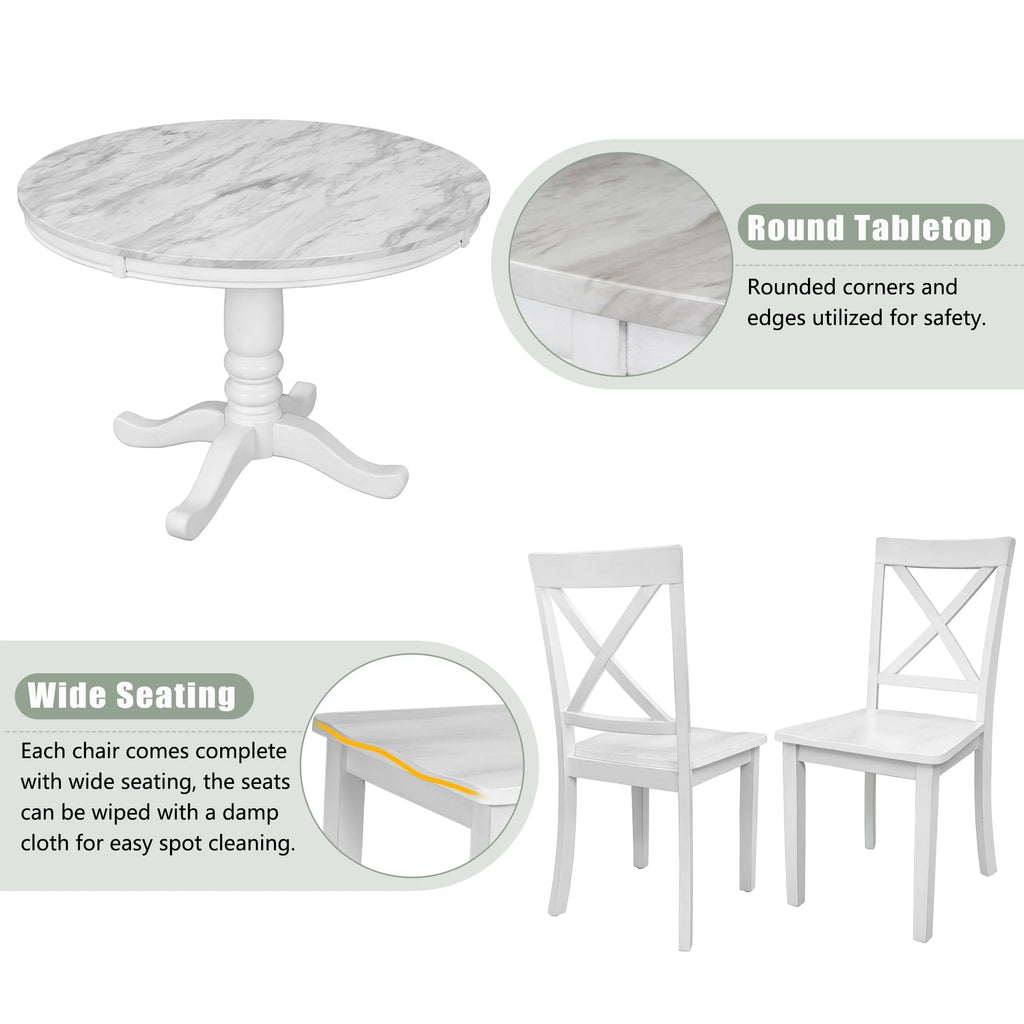 Solid Wood Dining Table Set with Faux Marble Top and 4 Chairs I7005