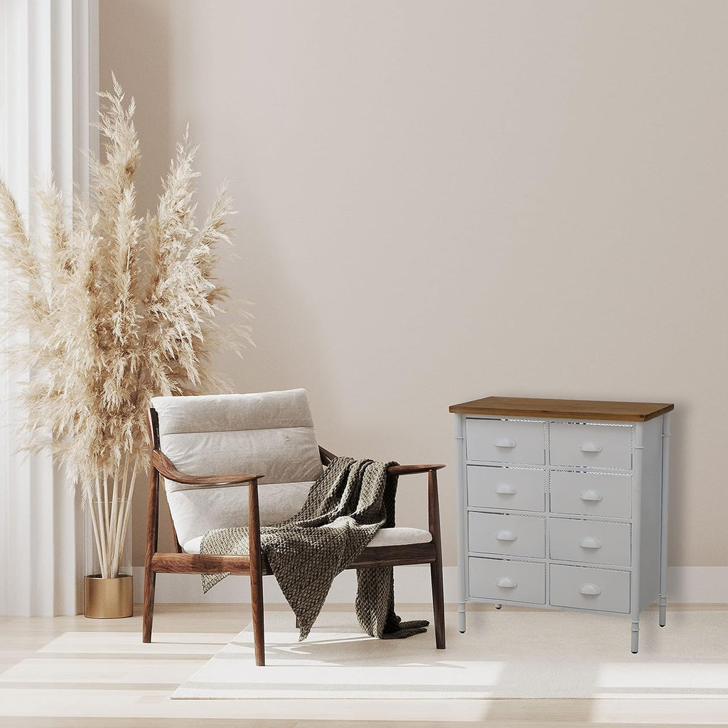 White 8 Drawer Accent Cabinet with Solid Wood Top and Metal Mesh Detailing Y810