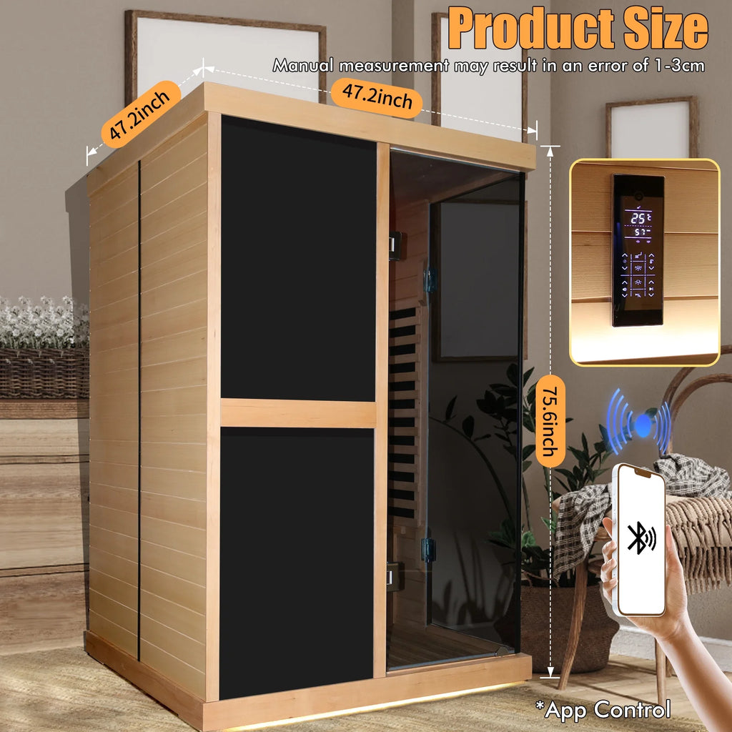 Infrared Sauna 1980W Wooden Hemlock Wood Low-EMF Indoor Saunas with APP Control for Two Person H199