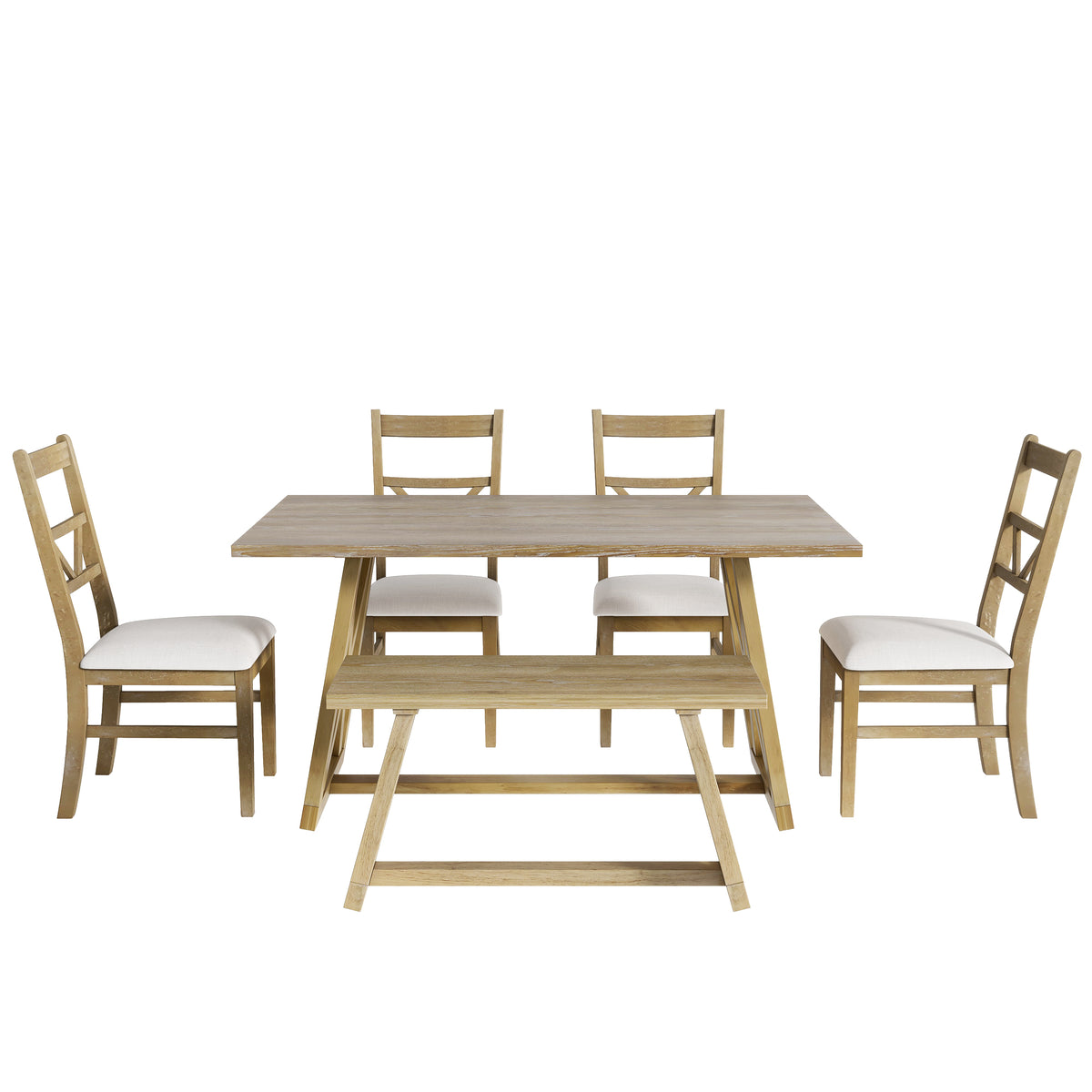 Farmhouse Wood Rectangular Dining Table with Cross Legs, 4 Upholstered Chairs and Bench D67586
