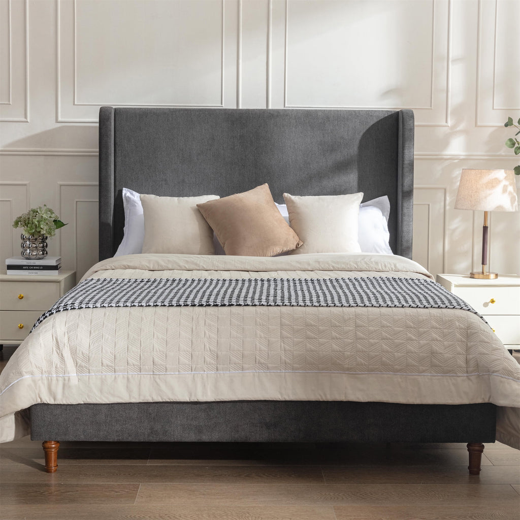 Queen Size Upholstered Platform Bed Frame with Wingback Headboard M4044