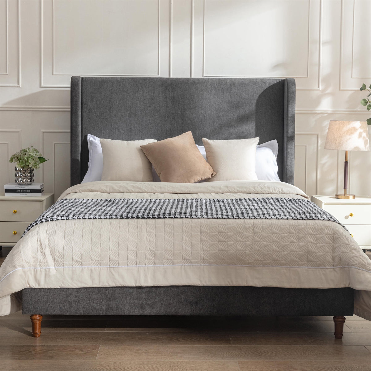 Queen Size Upholstered Platform Bed Frame with Wingback Headboard M4044