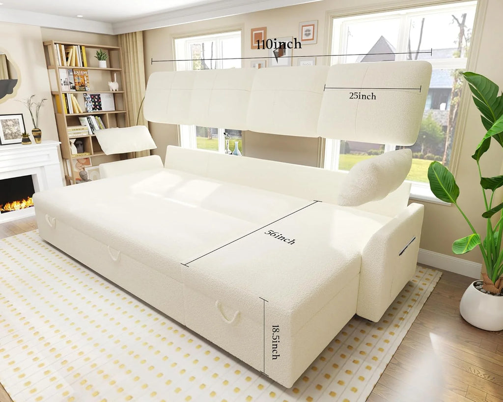 White Boucle Sleeper Sofa with 2 Storage Chaise O7682