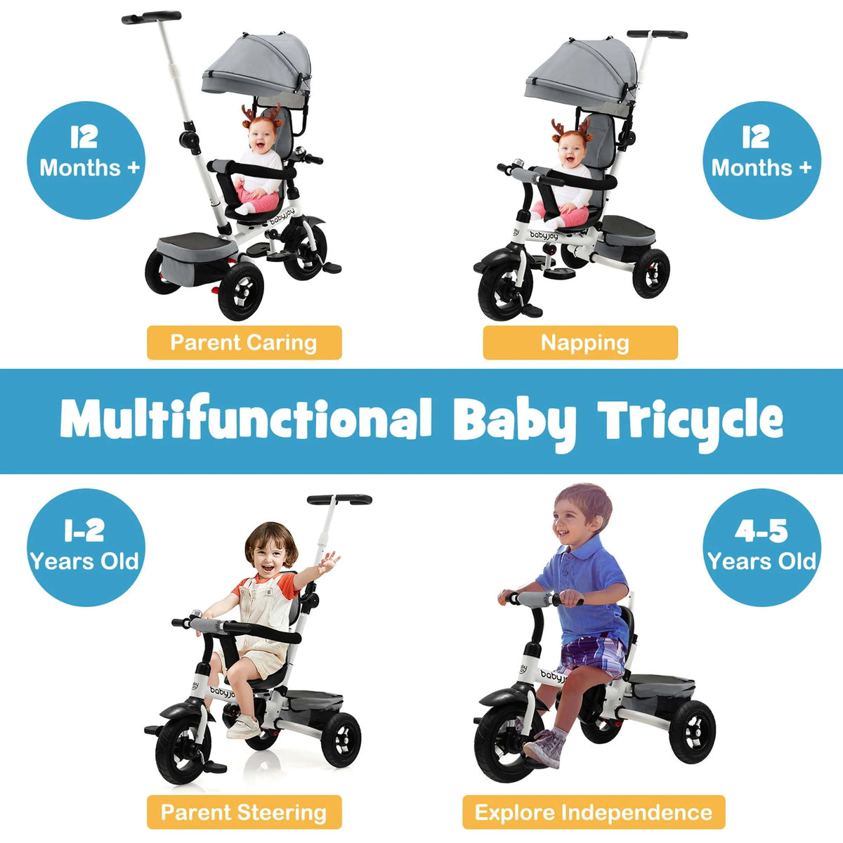 Folding Toddler Tricycle with Reversible Seat and Adjustable Canopy H7046