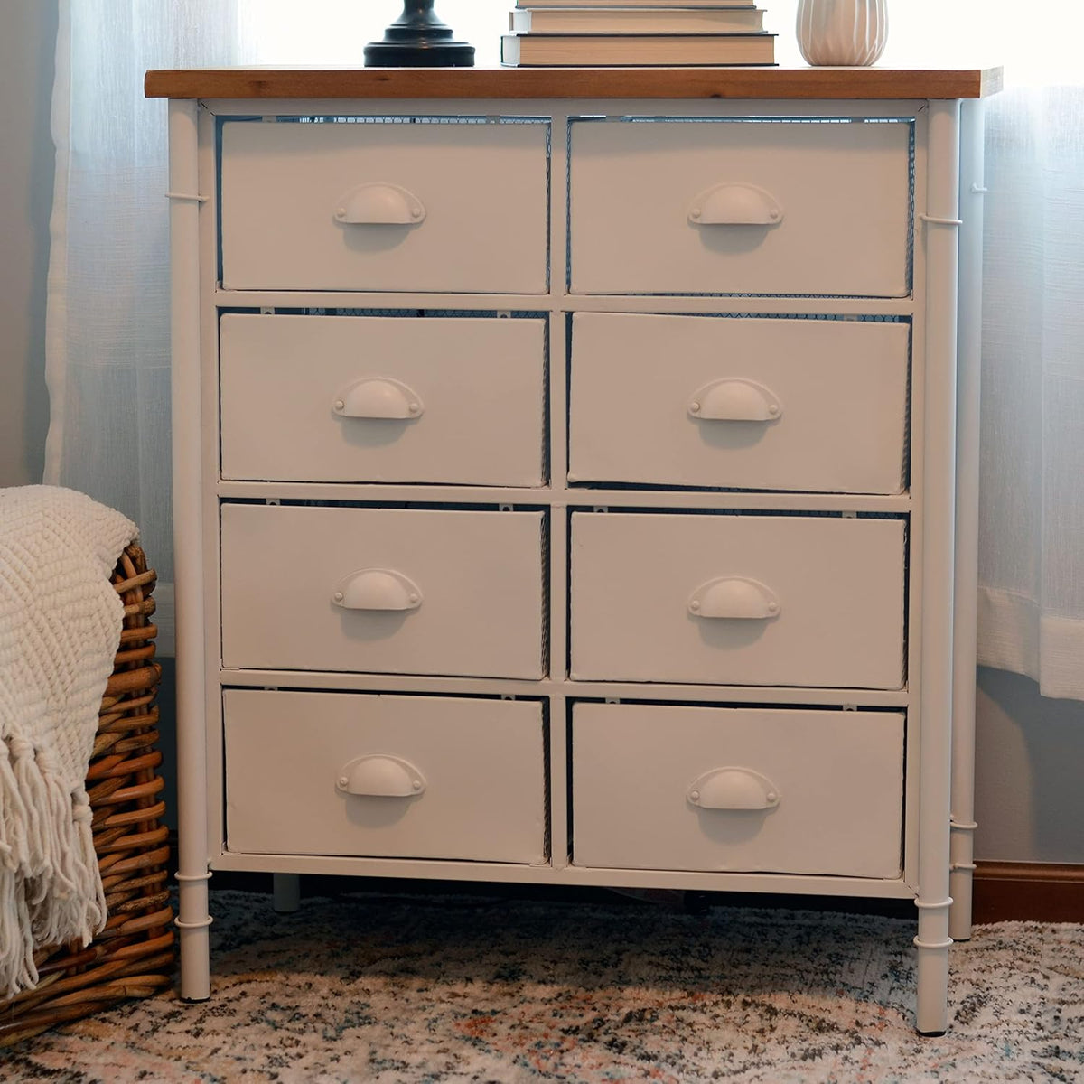 White 8 Drawer Accent Cabinet with Solid Wood Top and Metal Mesh Detailing Y810