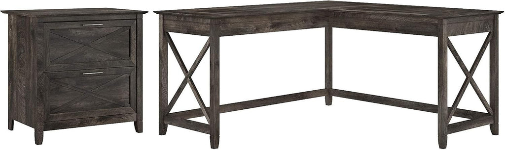Dark Gray Hickory L Shaped Desk with 2 Drawer Lateral File Cabinet U35950
