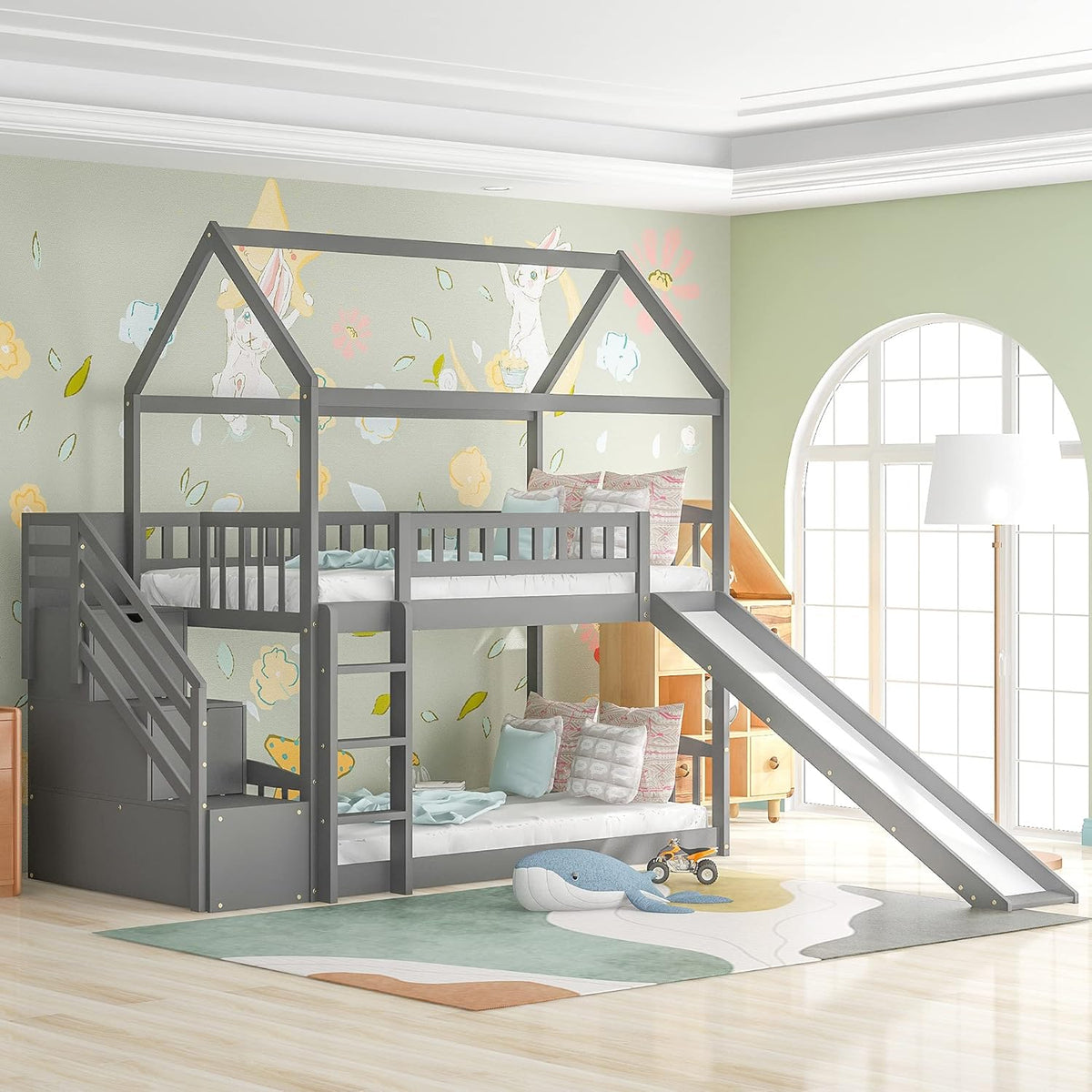 Twin Loft House Bed with 2 Drawers Staircase, Slide and Ladder J4423