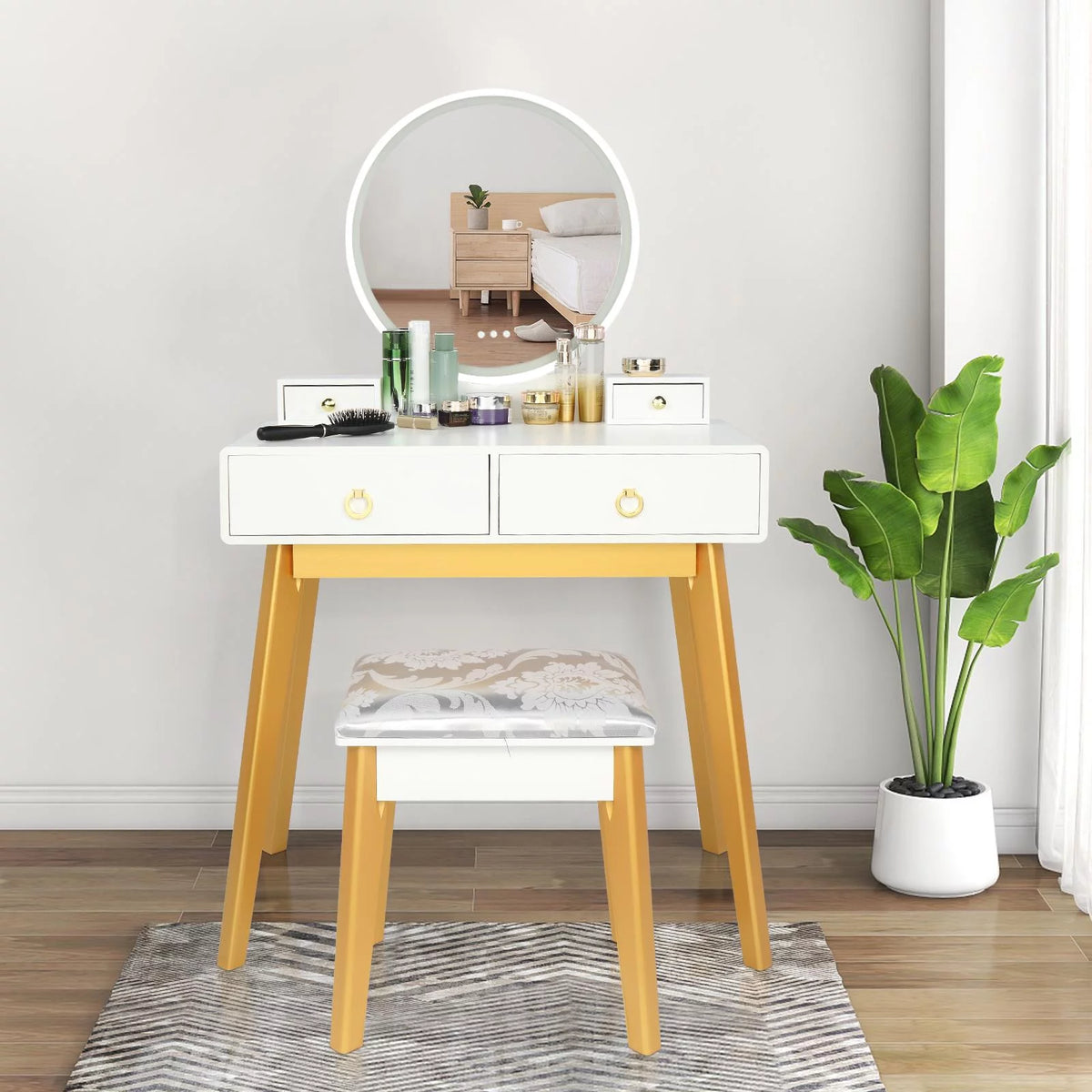 White Vanity Set with Touch Screen Mirror and 4 Sliding Drawers C4290