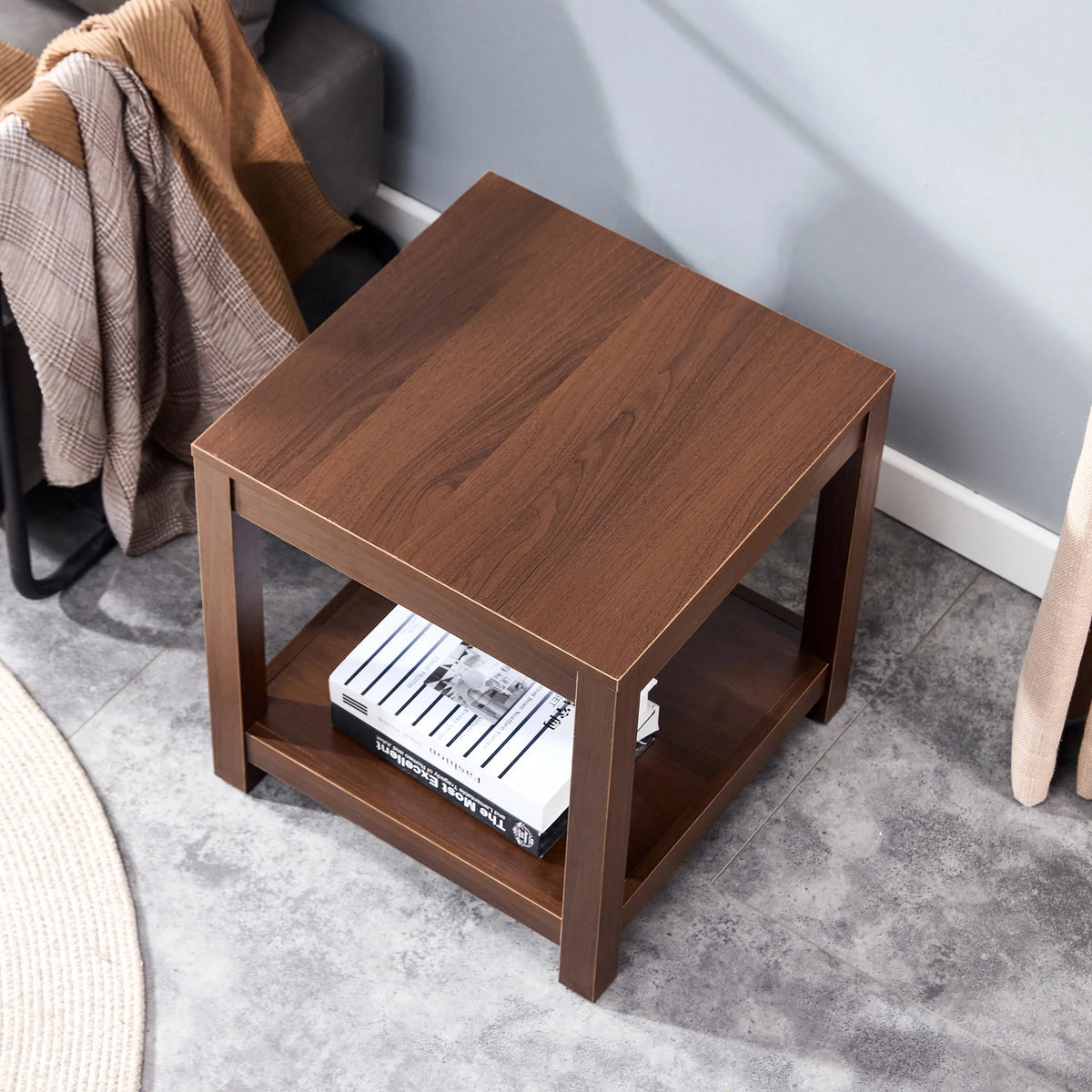 2-tier End Table Nightstand with Open Storage Brown O9311
