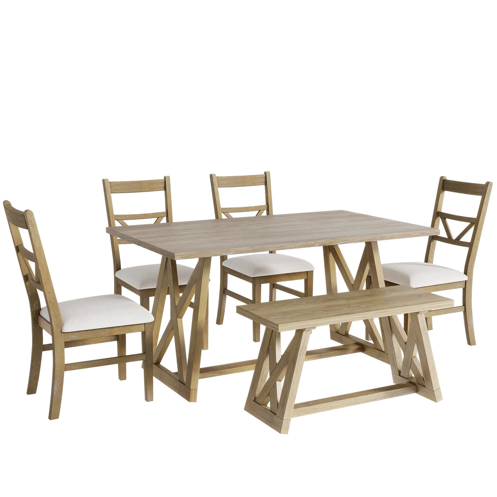 Farmhouse Wood Rectangular Dining Table with Cross Legs, 4 Upholstered Chairs and Bench D67586